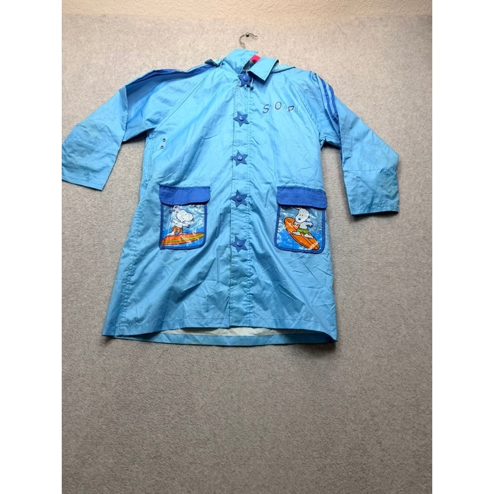Vintage Snoopy Peanuts Surfing Rain Jacket Blue Star Buttons Hooded Coat